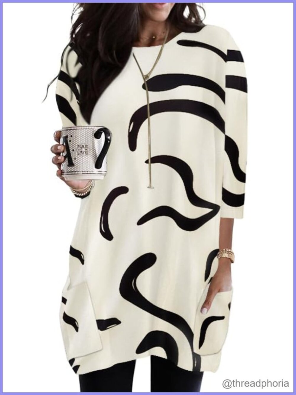 Womens 3/4 Sleeve Tunic Top Loose Fit Front Pocket Blouse